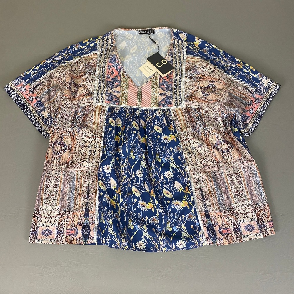 COZY Floral Print Blouse Top Women's 3XL Plus Size Short Sleeve‎ V Neck New NWT